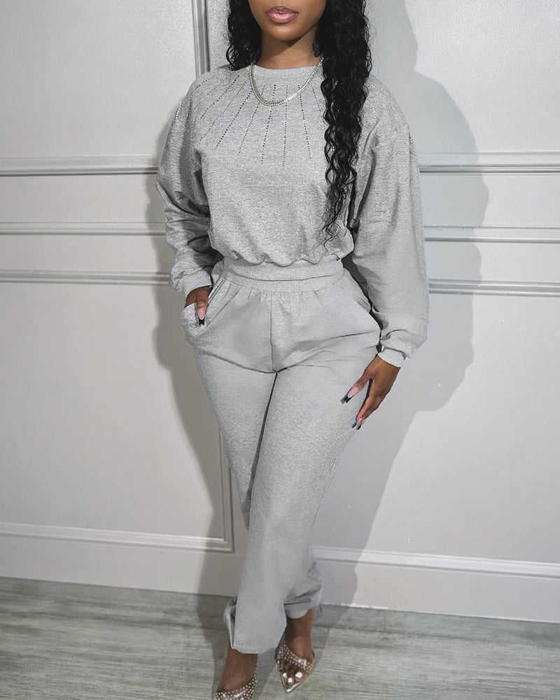 Women's 2 Piece Tracksuit Set Rhinestone Cropped Top and High Waisted Jogger Pants Casual Lounge Set with Pockets
