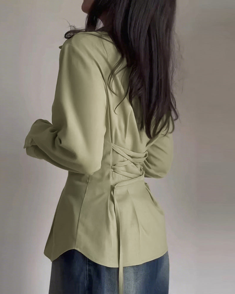Turn-down Collar Long Sleeve Button Front Blouse Casual Back Criss Cross Tied Detail Fishtail Shirt