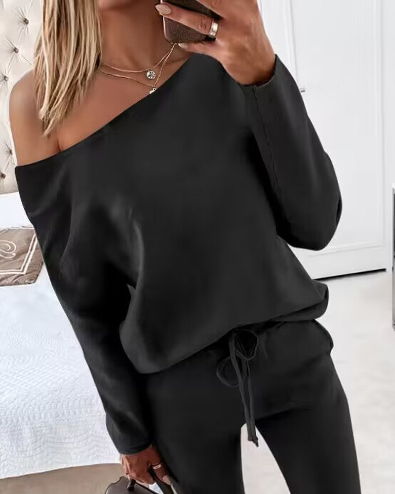 2 Pieces Outfit Long Sleeve Skew Neck Pullover Top and Drawstring Elastic Waist Slim Fit Pants Set