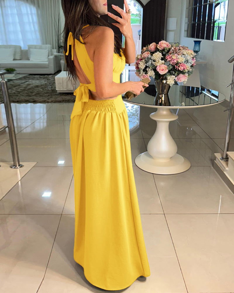 Halter Sleeveless Tied Detail Shirred Criss Cross Flared Dress Glamorous Evening Dress