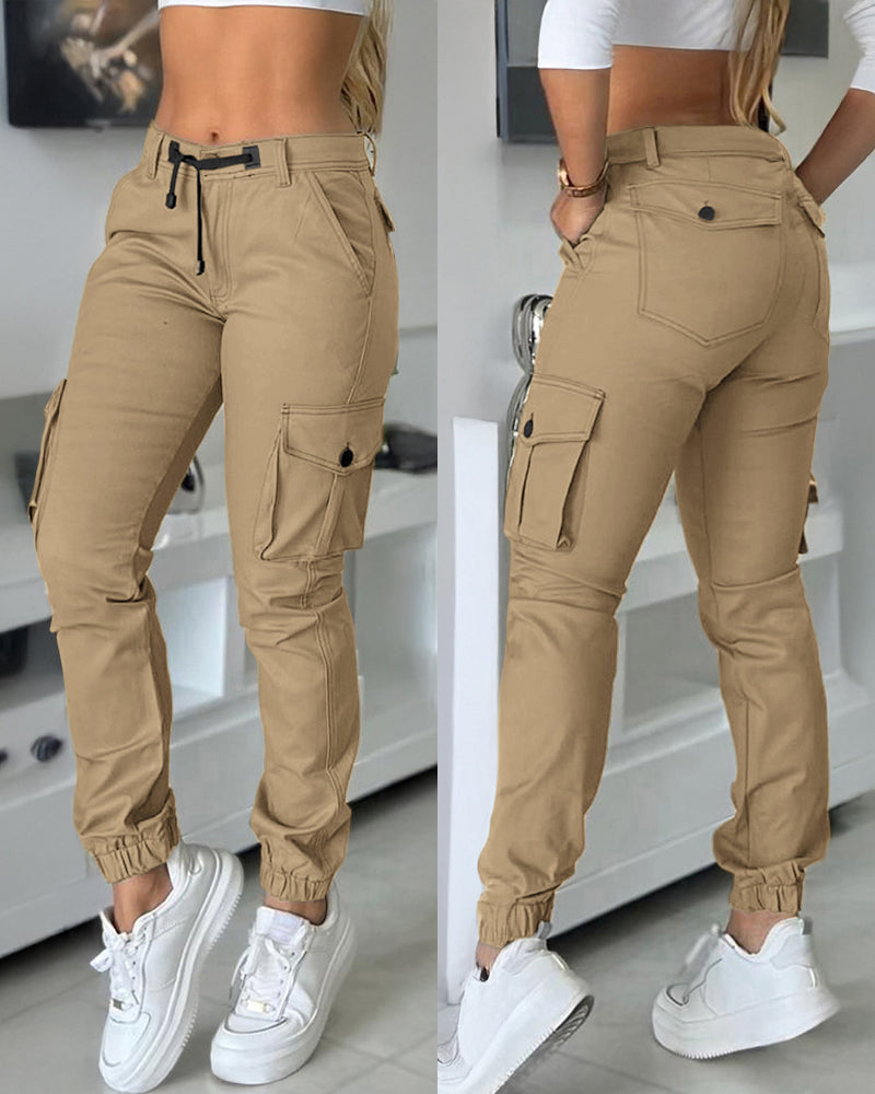 Zipper Fly Drawstring Elastic Back Waist Cuffed Trousers Casual Multiple Flap Pockets Design Cargo Pants