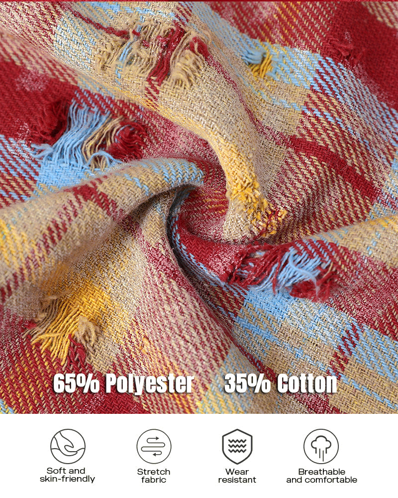 Colorblock Plaid Print Hooded Distressed Button Front Coat Shacket