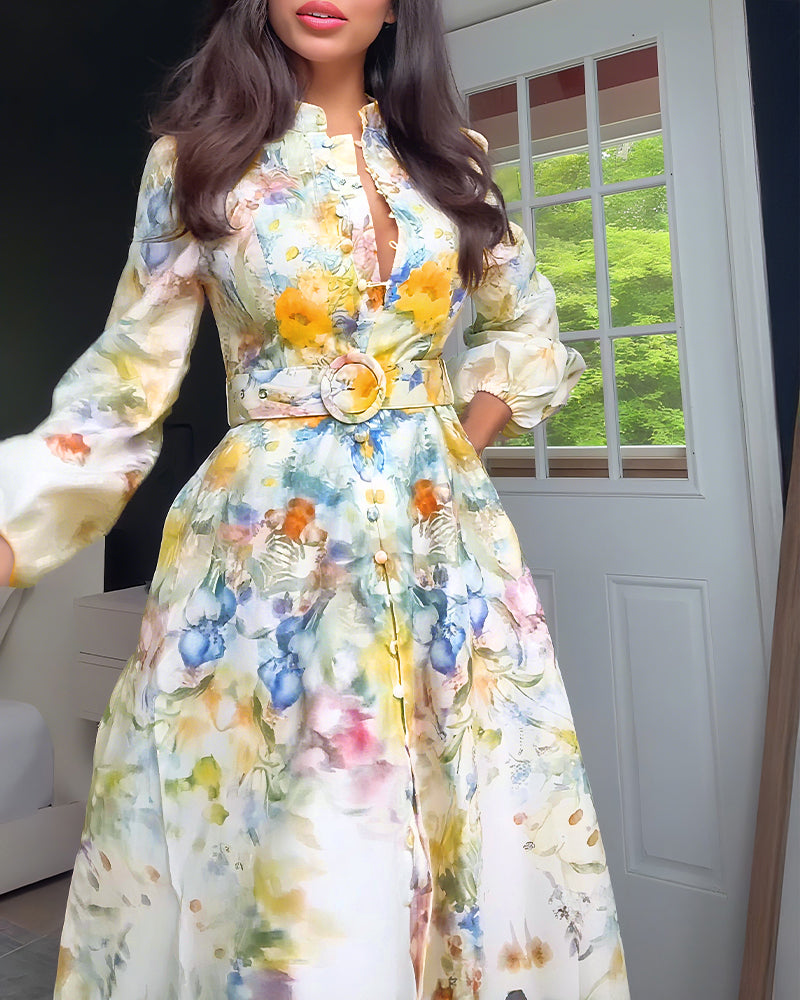 French Style Floral Print Stand Collar Lantern Sleeve Button Down Evening Dress Cinched Waist Vacation Dress with Belt