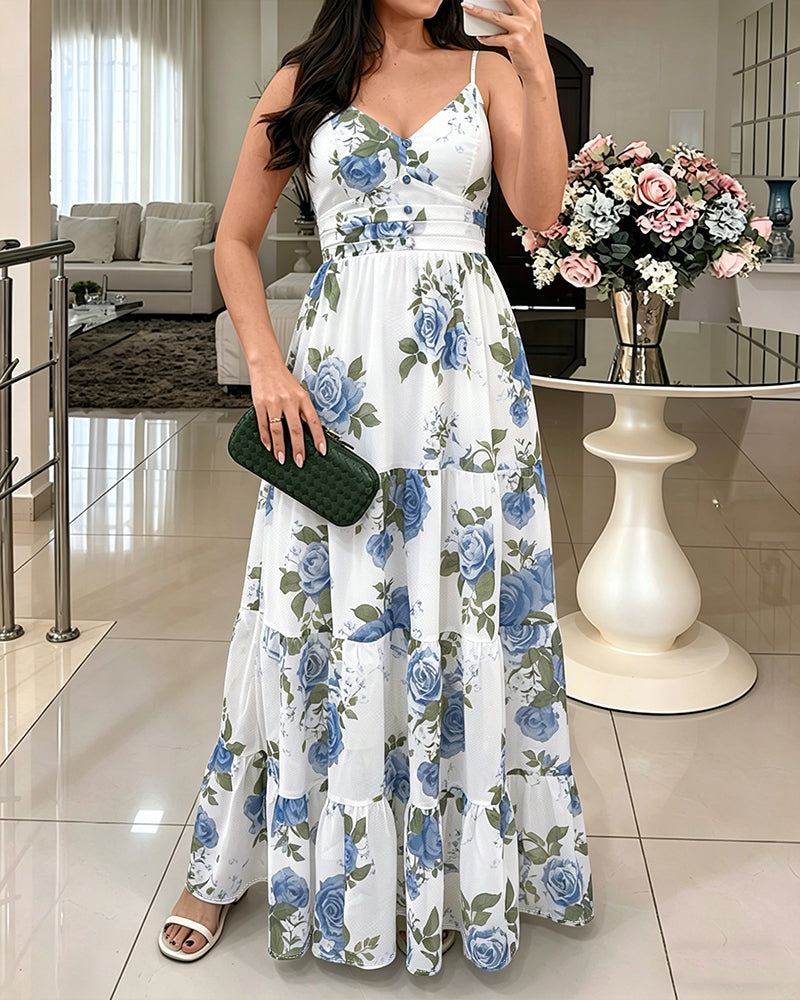 Damen-Maxikleid mit Blumenmuster, Rüschensaum, Camisole-Kleid, V-Ausschnitt, gerafft, Sommer-Urlaub, Boho-langes Kleid mit integriertem BH