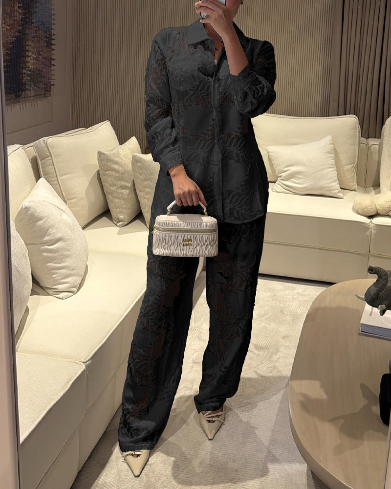 2 Pieces Outfit Jacquard Floral Turn-down Collar Button Front Pockets Design Top and Casual Elastic Back Waist Pants Set With Lining