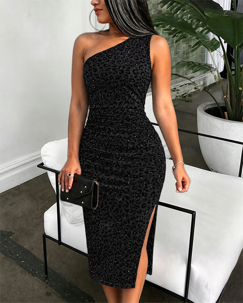 Women's One Shoulder Glitter Flocked Leopard Midi Dress Ruched Bodycon Dress Slit Party Dress