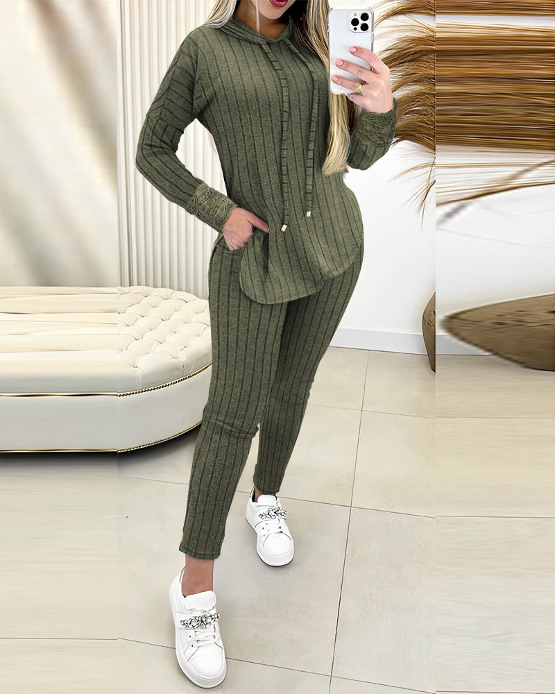 2 Pieces Outfit Drop Shoulder Lace Cuffs Asymmetrical Hem Drawstring Hoodie Top and Elastic Waist Slim Fit Pants Set Casual Brushed Ribbed Set
