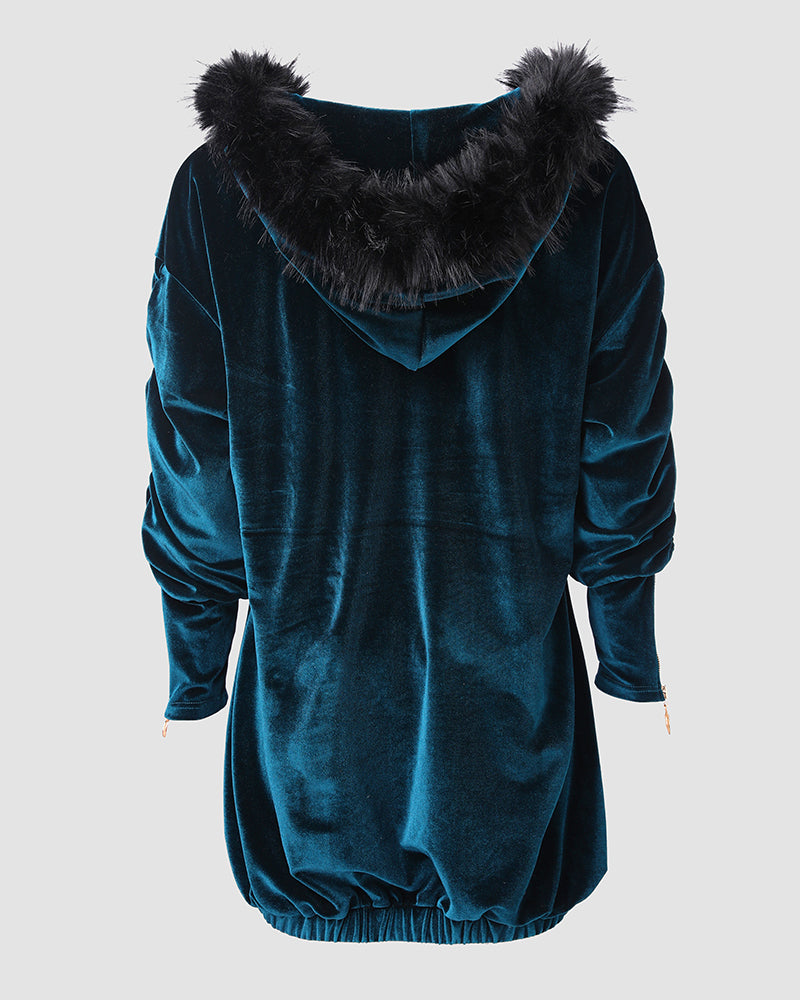 Velvet Fuzzy Trim Hooded Mini Dress Long Sleeve Zipper Design Sweatshirt Pullover Casual Dress