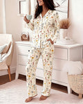 Women's Ditsy Floral Pajamas Set Long Sleeve Button Down Notched Collar Top and Straight Leg Pants Casual Sleepwear