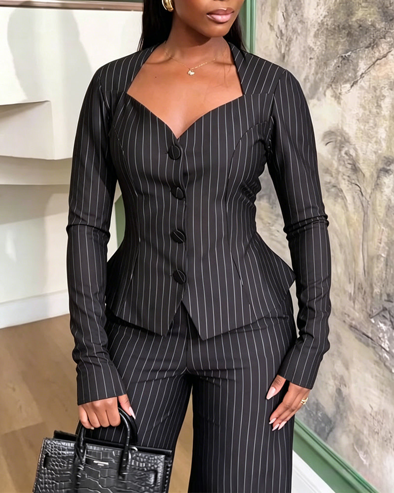 Damen-Zweiteiler mit Streifen, eleganter Peplum-Blazer mit herzförmigem Ausschnitt und High-Waisted-Hose mit weitem Bein, Business-Outfit