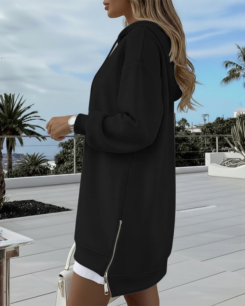 Long Sleeve Kangaroo Pocket Design Zipper Side Pullover Sweatshirt Casual Faux Two Piece Side Slit Longline Drawstring Hoodie Top