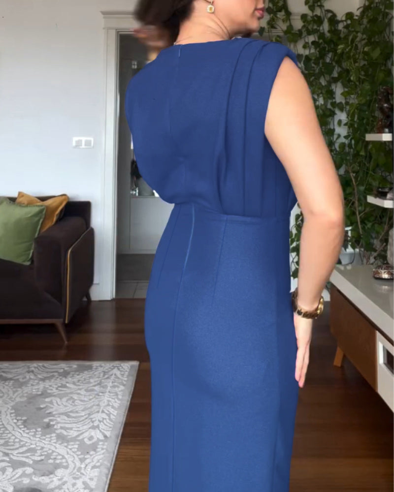 Round Neck Sleeveless Waist Ruched Slit Dress