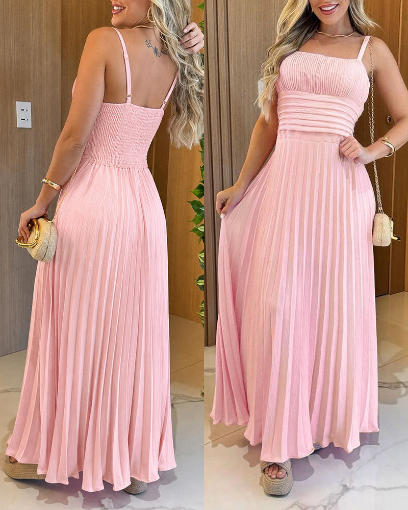 French Style Square Neck Adjustable Spaghetti Strap Backless Cami Maxi Dress Casual Cinched Waist Shirred Back Pleated Vacation Dress