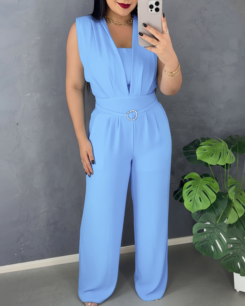 V Neck Lace-Up Waist Meatl Buckle Jumpsuit Casual Shirred Wide Leg Romper