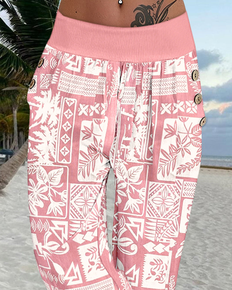 Plants Print Low Waist Wooden Button Decor Capris Pants Vacation Pants with Pockets