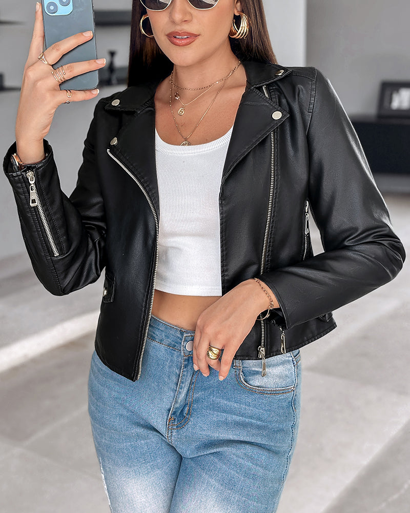 Bikerjacke aus PU-Leder mit Reverskragen und Reißverschluss-Design