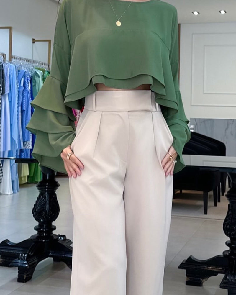 Round Neck Bell Sleeve Crop Top Casual Loose Fit Layered Blouse