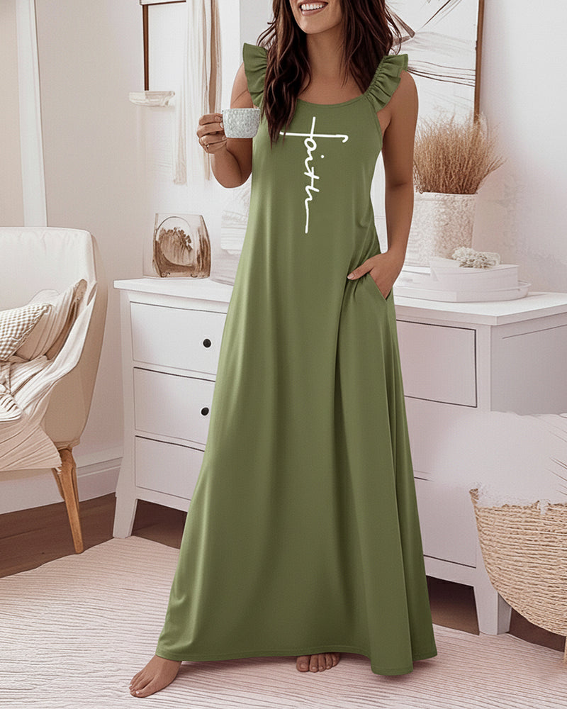 Faith Letter Print U-Neck Ruffles Straps Maxi Dress Casual Backless Loose Fit Dress