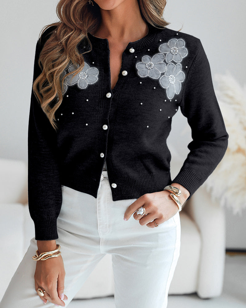 Floral Applique & Pearls Decor Round Neck Single Breasted Knit Cardigan Casual Crop Sweater Coat