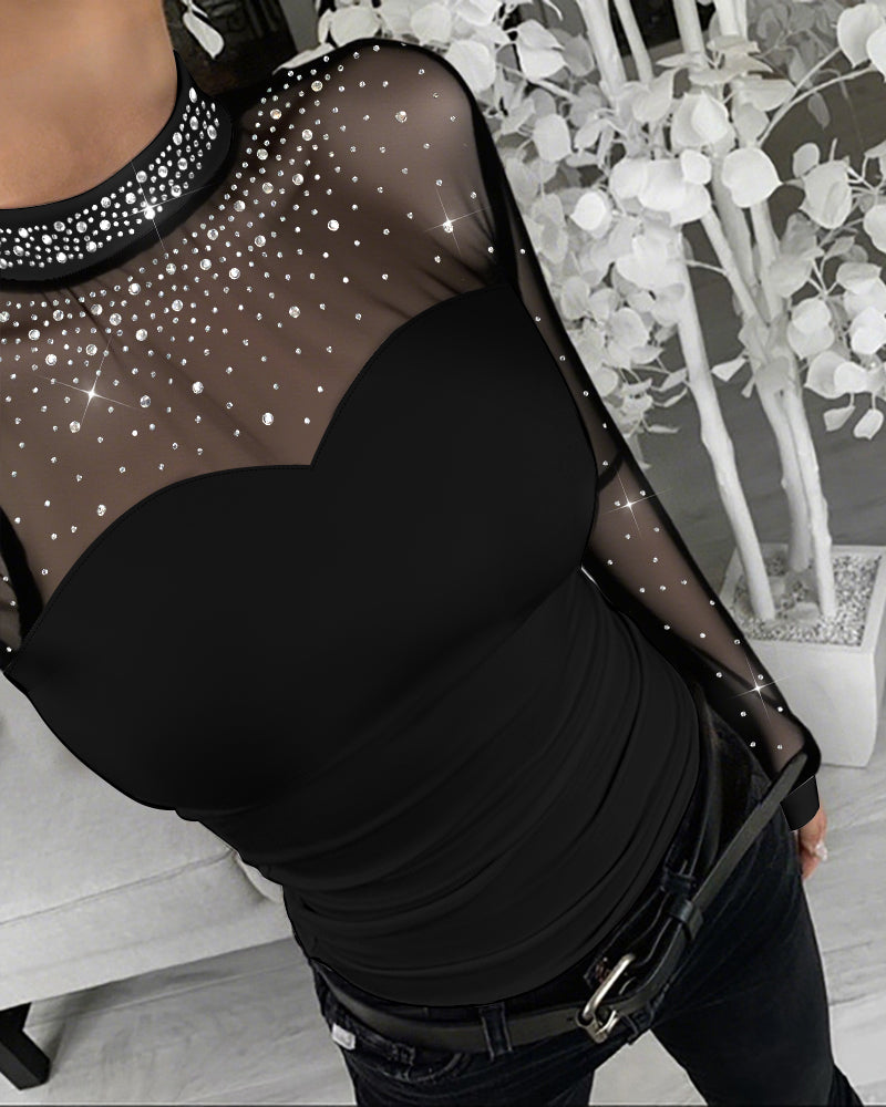 Rhinestone Decor Mock Neck Lantern Sleeve Sheer Mesh Spliced Tee Hollow-out Back Slim Fit Top