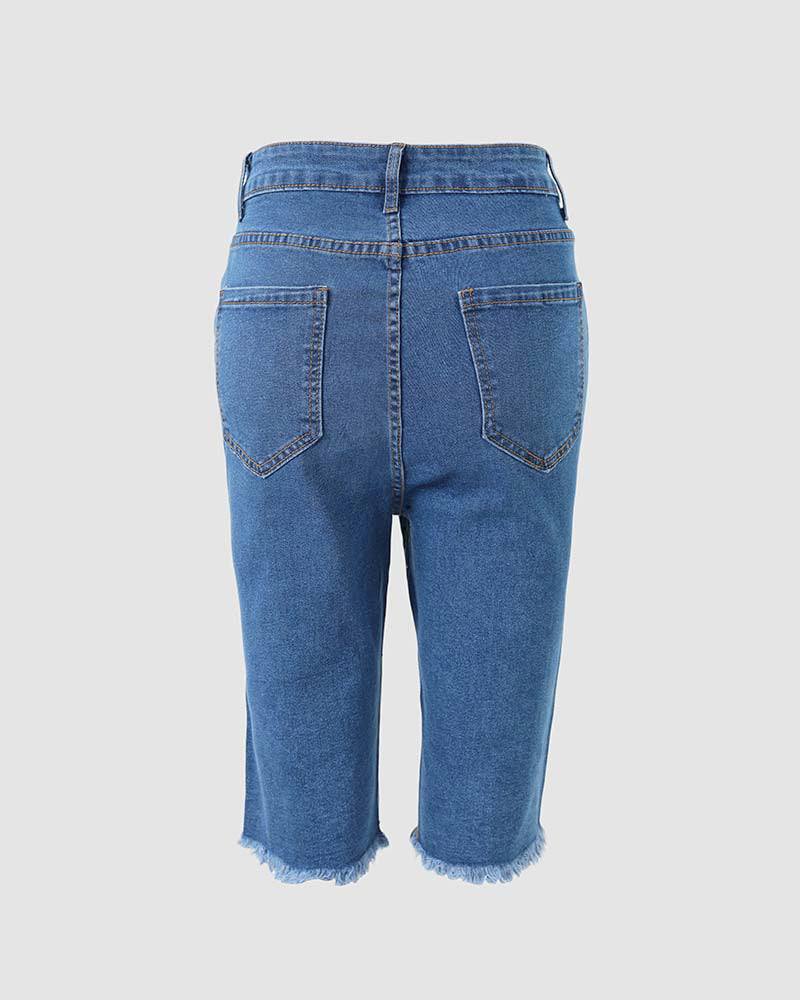 Damen Y2K Bermuda-Jeansshorts mit Strasssteinen und Perlen, ausgefranstem Saum und farbenfrohen Apparaten