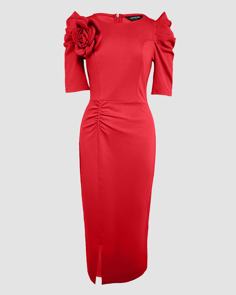 3D Flower Decor Round Neck Puff Sleeve Bodycon Dress Casual Ruched Slit Zipper Back Work Dress