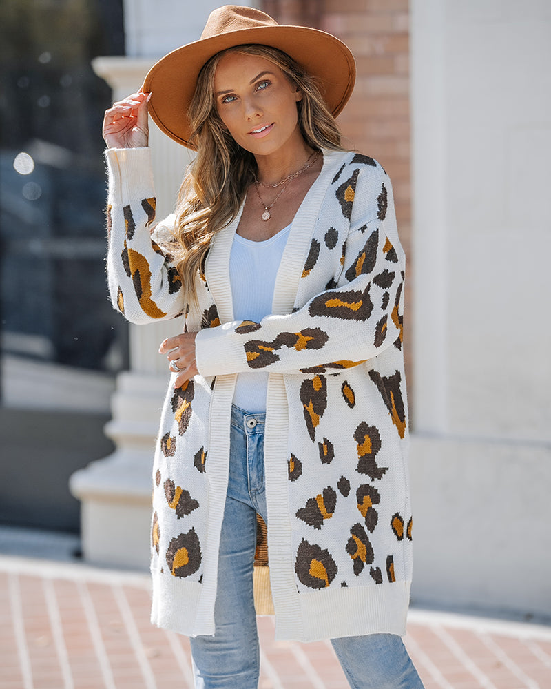Women's Leopard Pattern Open Front Mid-length Knit Cardigan Sweater Coat