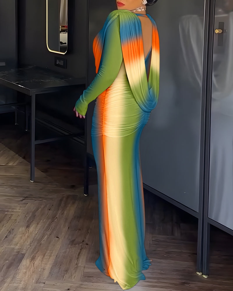 Abendkleid mit Batikmuster, Wasserfallausschnitt, langen Ärmeln, rückenfreiem Design, figurbetontem Schnitt, Reißverschluss am Rücken und gerafftem Meerjungfrauensaum