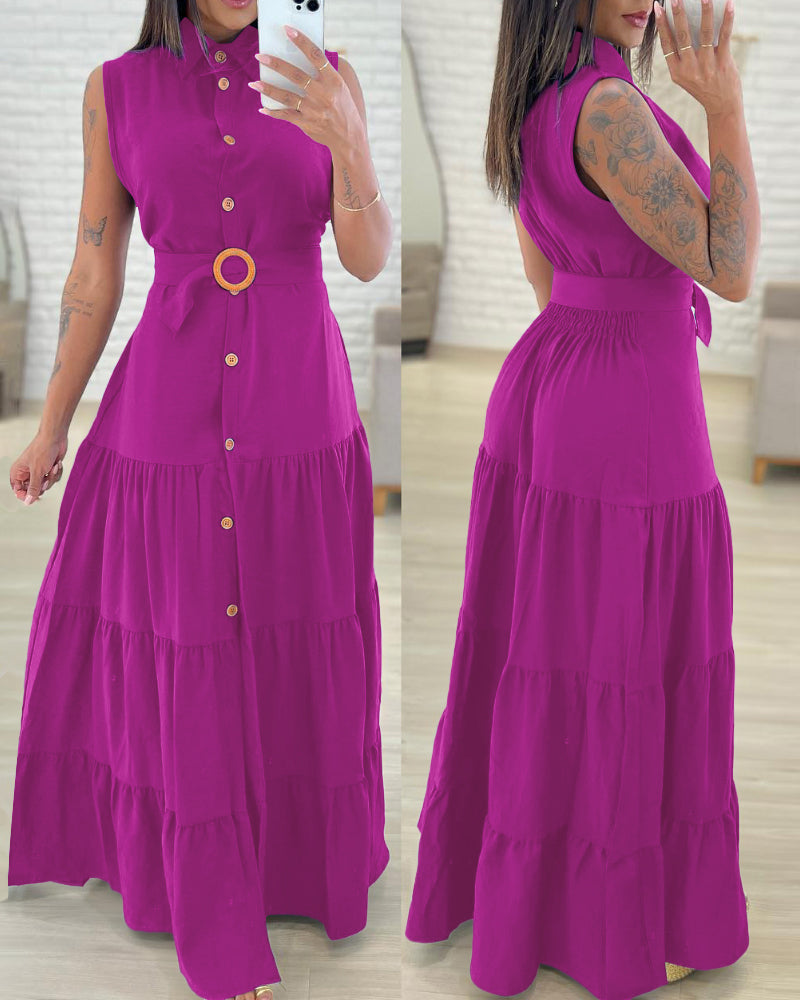 Turn-down Collar Sleeveless Button Front Dress Casual Belted Slit Ruched Maxi Dress