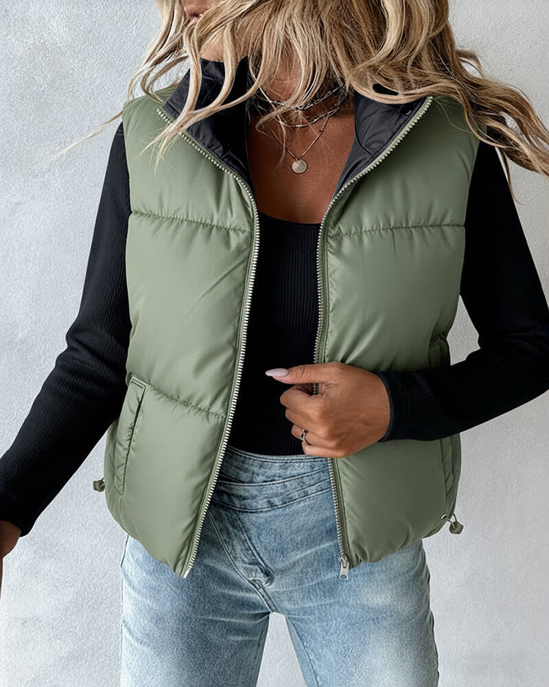 Stand Collar Sleeveless Zip Up Drawstring Hem Vest Casual Two-Way Reversible Ladies Warm Winter Padded Coat