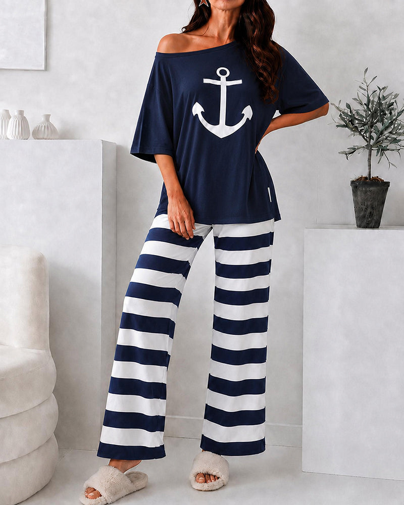 Loungewear-Set für Damen mit Anker-Print, Oberteil mit Seitenschlitz und gestreifter Hose mit geradem Bein, legeres Pyjama-Set mit Taschen