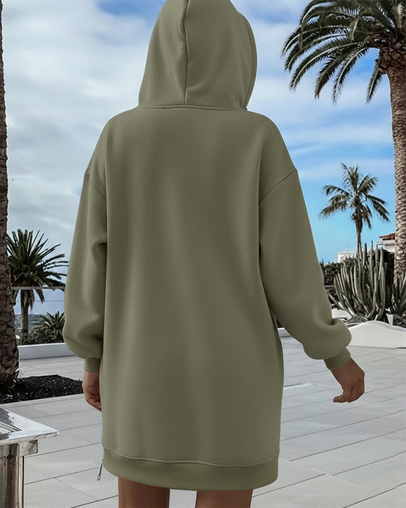 Long Sleeve Kangaroo Pocket Design Zipper Side Pullover Sweatshirt Casual Faux Two Piece Side Slit Longline Drawstring Hoodie Top