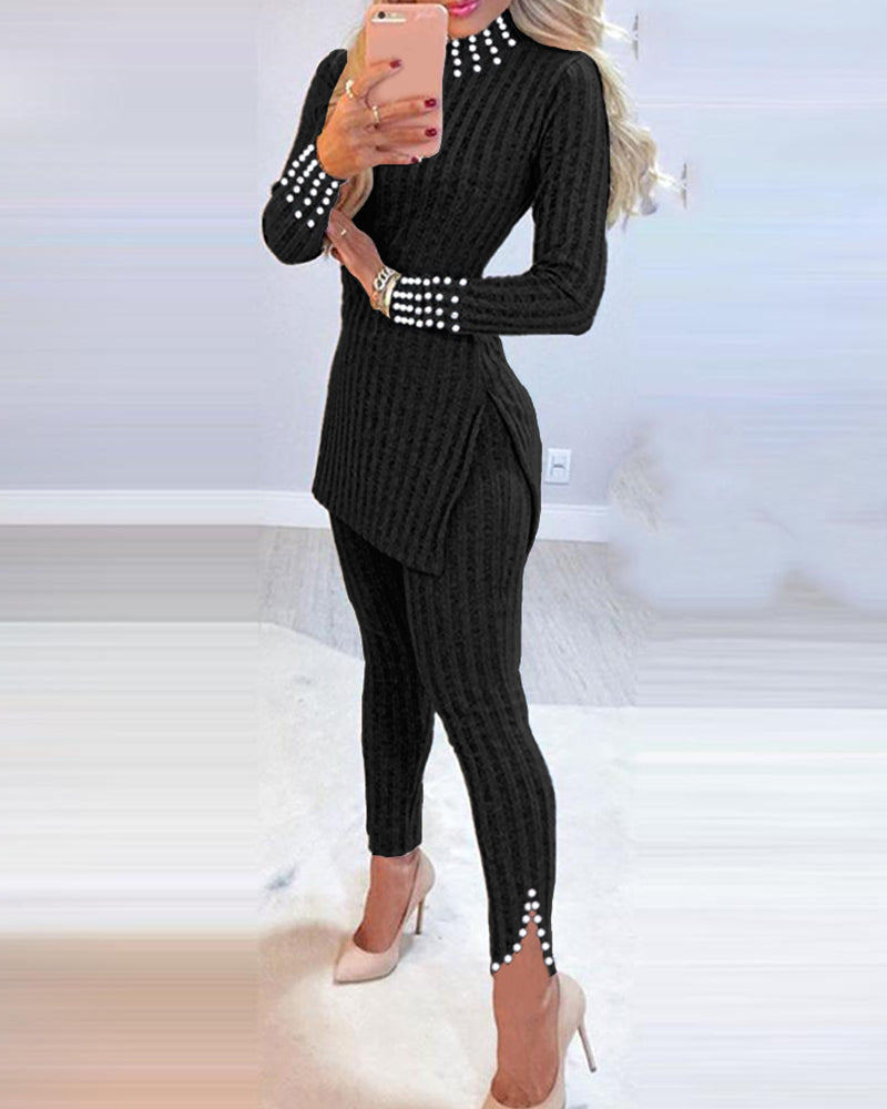 2 Pieces Outfit Mock Neck Long Sleeve Hollow-out Back Side Slit Longline Top and High Waist Slit Hem Pants Set Casual Pearls Decor Slim Fit Knit Lounge Set