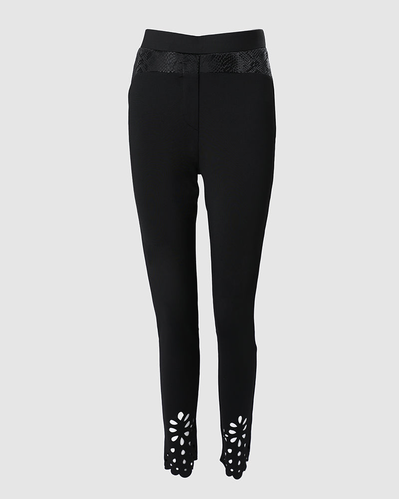 Floral Hollow Out Asymmetrical Hem Elastic Waist Skinny Pants