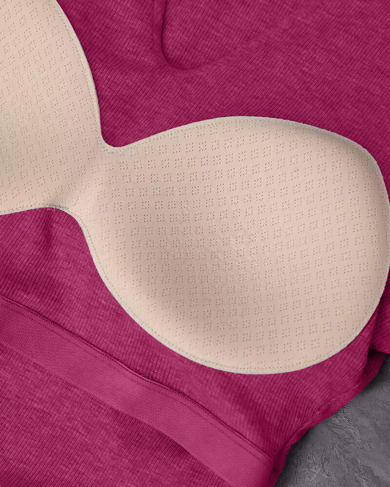 Chicme Built In Bra Notch Neck Long Sleeve Shirts Rib Knit Ruched Waist Top