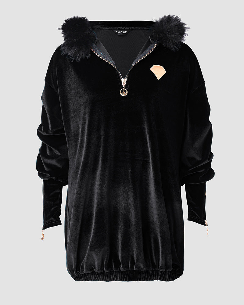 Velvet Fuzzy Trim Hooded Mini Dress Long Sleeve Zipper Design Sweatshirt Pullover Casual Dress