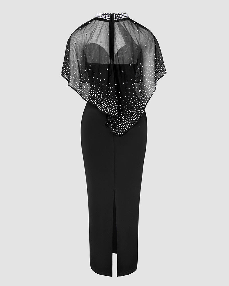 2 Pieces Outfit Detachable & Adjustable Spaghetti Straps Zipper Back Slit Slim Fit Maxi Dress and Rhinestone & Pearls Decor High Neck Zipper Back Sheer Mesh Poncho Cape