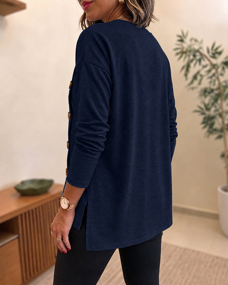 Women's Side Button Detail High-Low Split Hem Loose Tee Drop Shoulder Casual Top