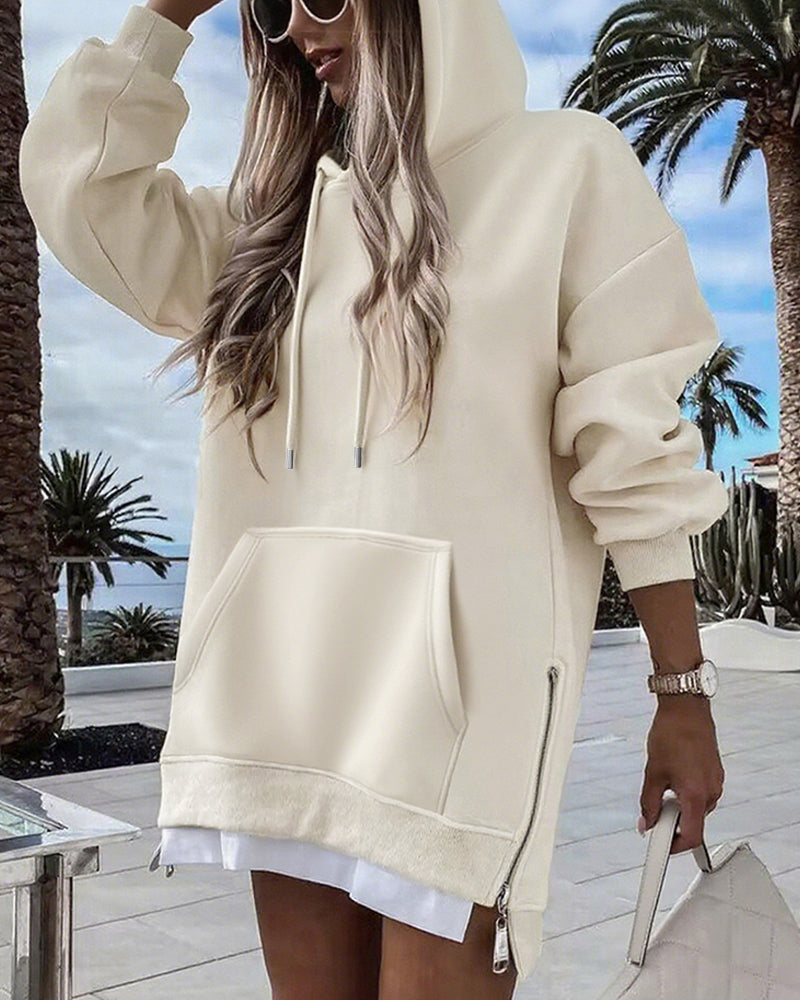 Long Sleeve Kangaroo Pocket Design Zipper Side Pullover Sweatshirt Casual Faux Two Piece Side Slit Longline Drawstring Hoodie Top