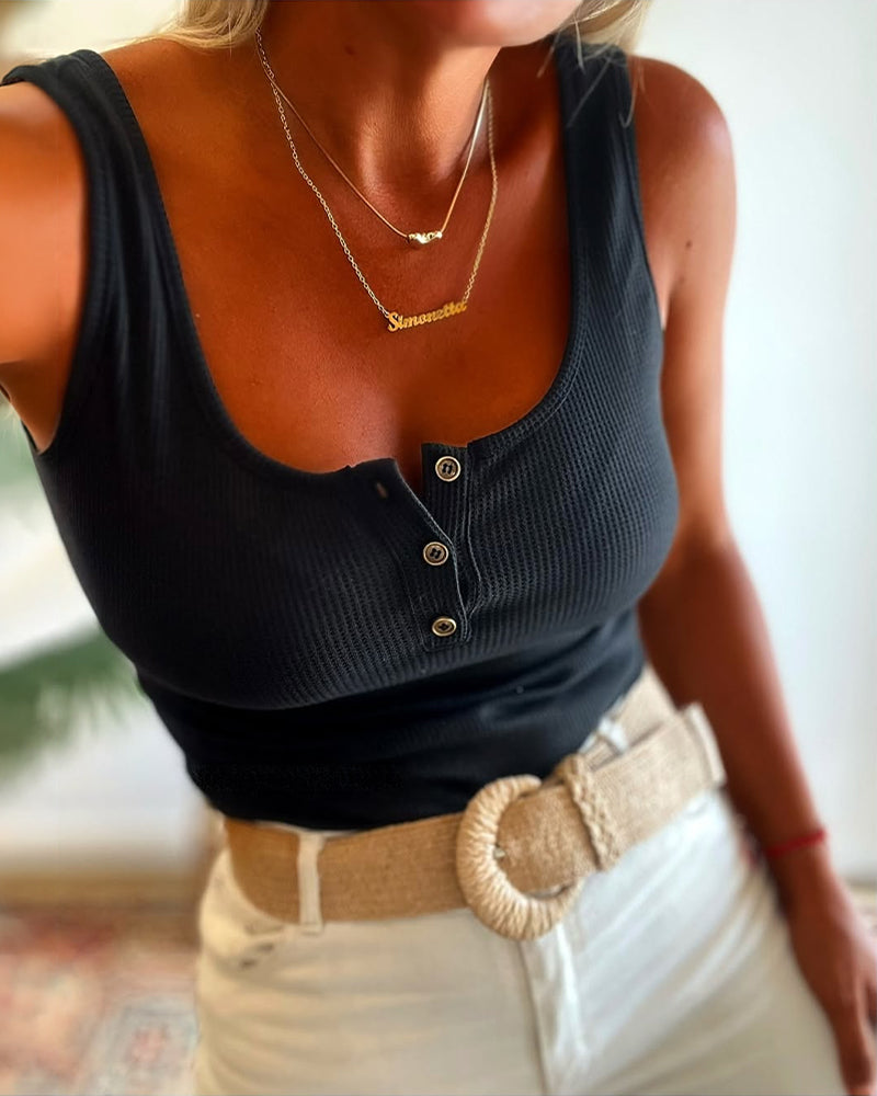 U-Neck Sleeveless Half Button Front Tank Slim Fit Backless Knit Waffle Tank Top