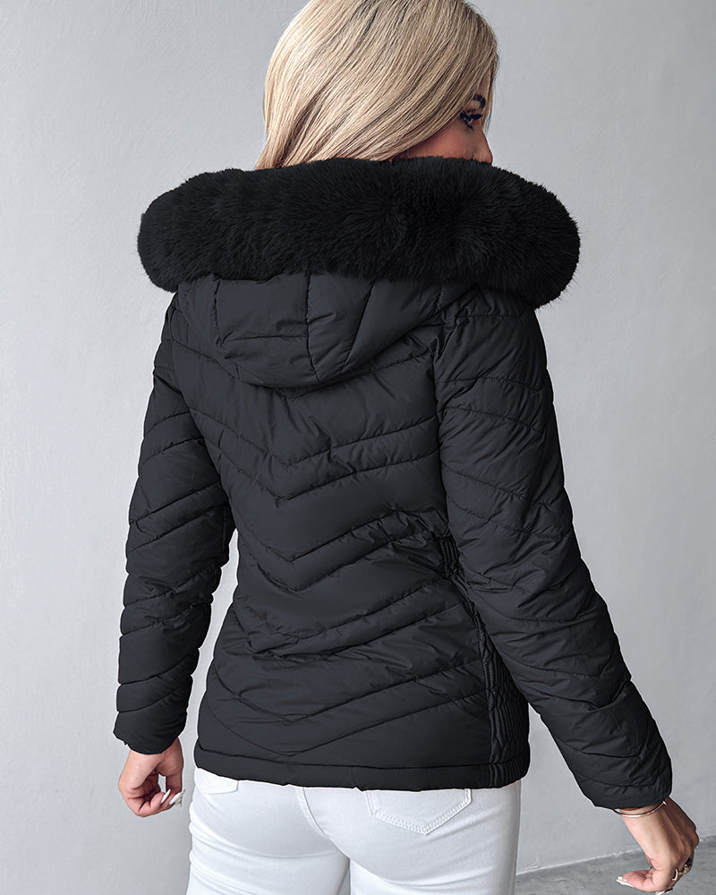 Zipper Pocket Design Shirred Fuzzy Trim Fleece Lined Hooded Puffer Jacket