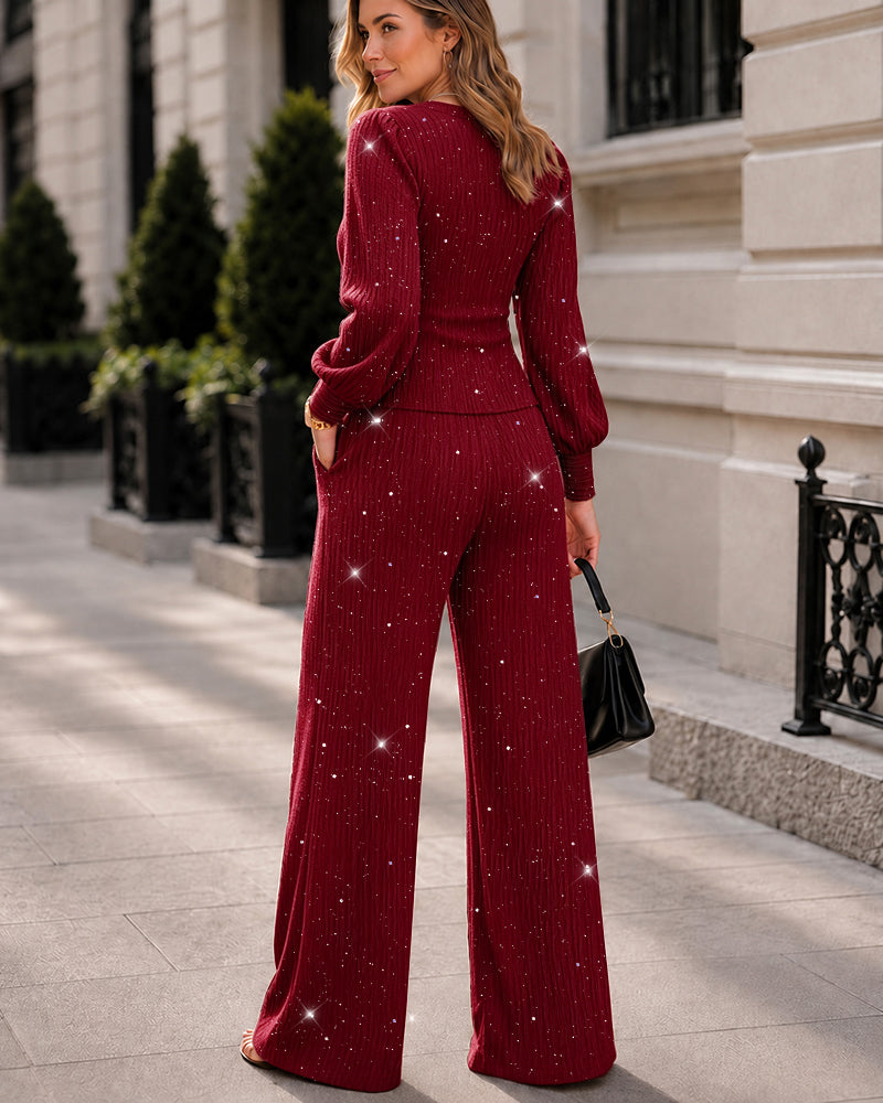 Women's 2 Piece Glitter Set Deep V Neck Lantern Sleeve Ruched Top and Wide Leg Pants with Pockets