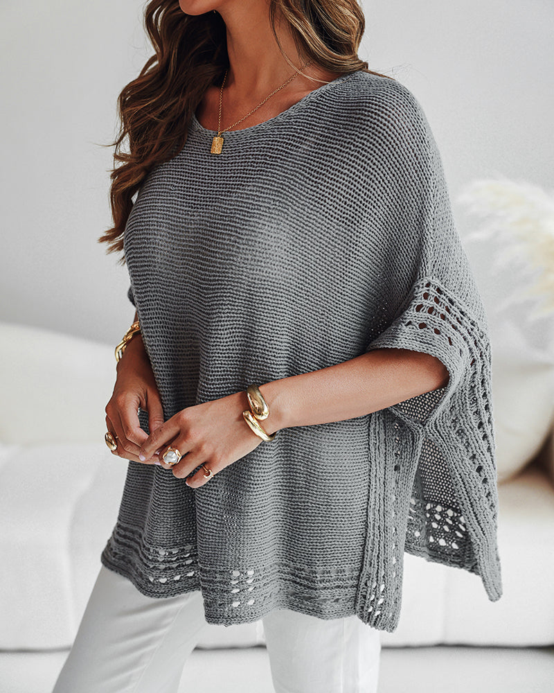 Solid Batwing Sleeve Hollow Out Crochet Pattern Top Casual Cover Up