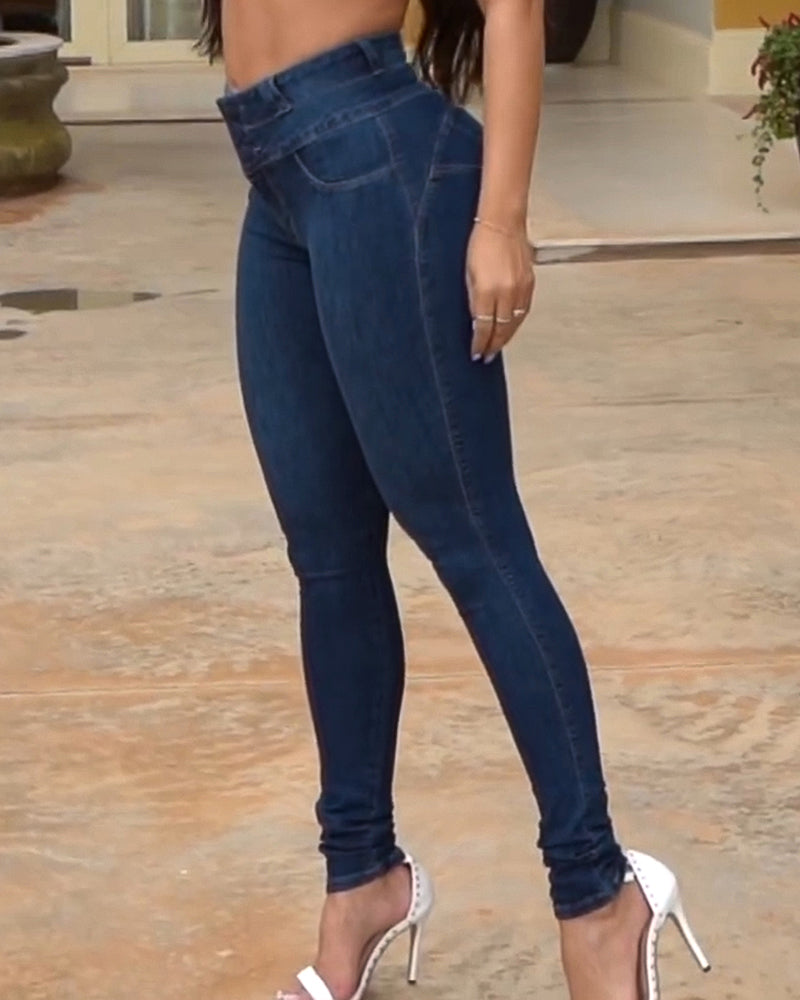 Front Button Zipper Fly High Waist Butt Lifting Skinny Denim Jeans Casual Pants