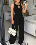 Ärmelloser, eleganter Jumpsuit mit Rundhalsausschnitt, Strass-Dekor, Plisseefalten, tailliertem Schnitt, Reißverschluss am Rücken, weitem Bein und tropfenförmigem Rückenausschnitt