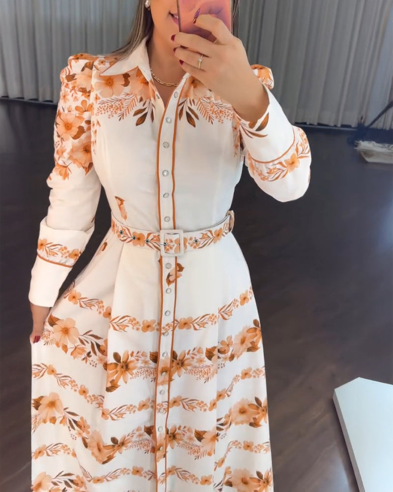 Blumenkleid mit Umlegekragen, Puffärmeln, Gürtel und Innenfutter, lässiges Hemdblusenkleid für den Urlaub