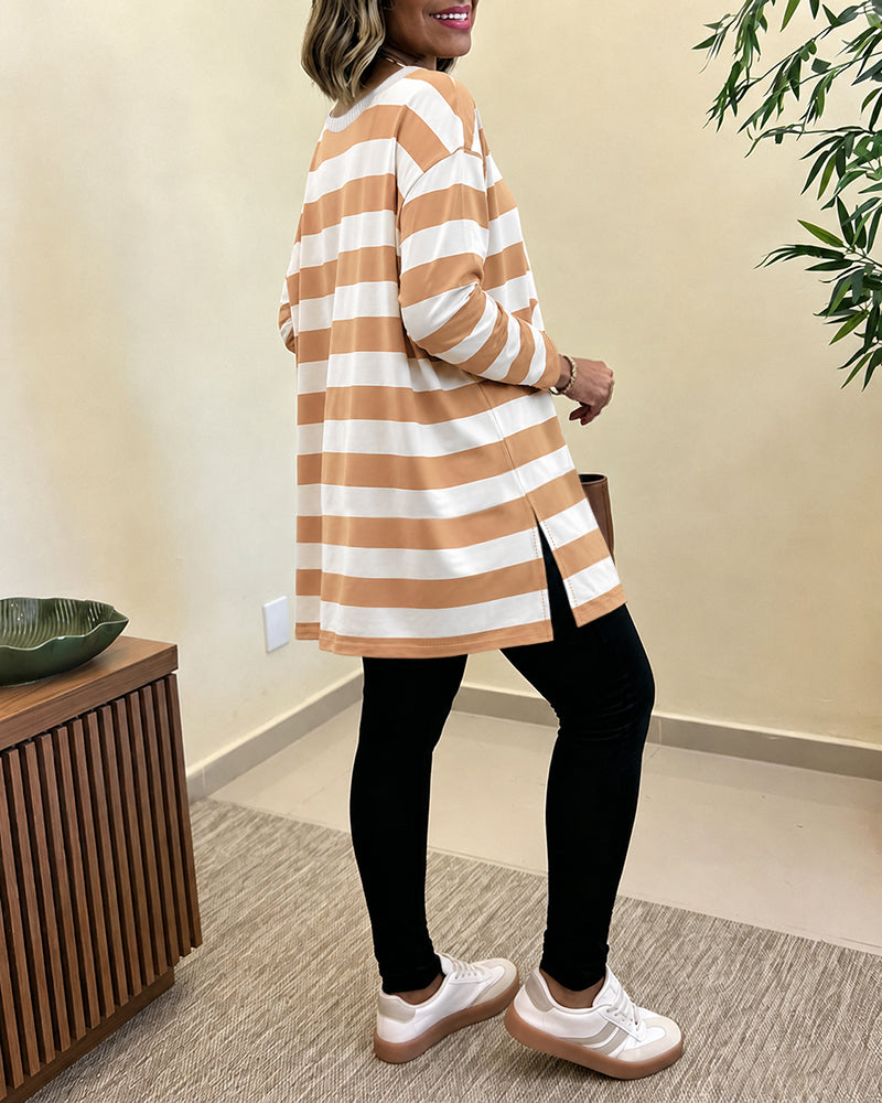 Women's Striped T Shirt Long Sleeve Drop Shoulder Crewneck Tee Side Slit Casual Loose Fit Top