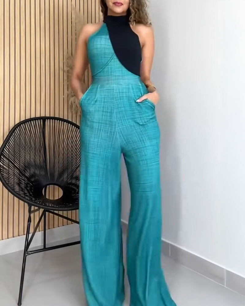 Colorblock Mock Neck Sleeveless Cinched Waist Zipper Back Overalls Casual High Waist Wide Leg Jumpsuit
