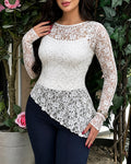 Damen-2-Teiler-Outfit: Transparentes florales Spitzenoberteil mit asymmetrischem Saum und Langarm sowie Camisole