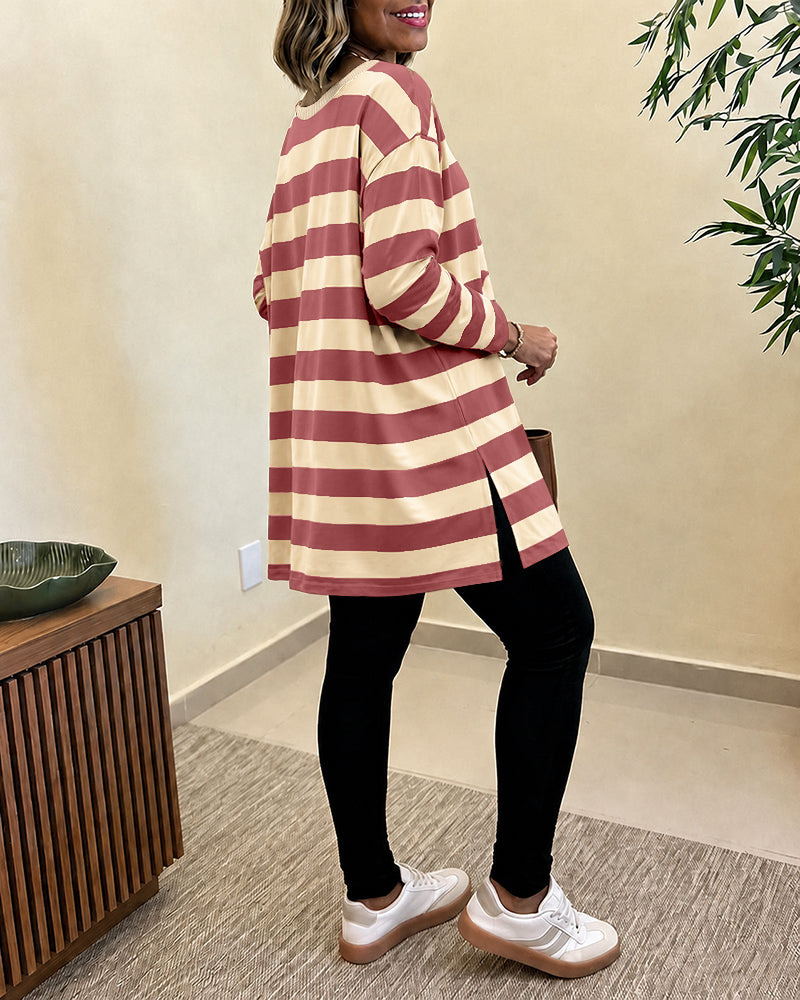 Women's Striped T Shirt Long Sleeve Drop Shoulder Crewneck Tee Side Slit Casual Loose Fit Top